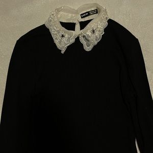 Wednesday Adams style top with pearls, rhinestone and lace collar.